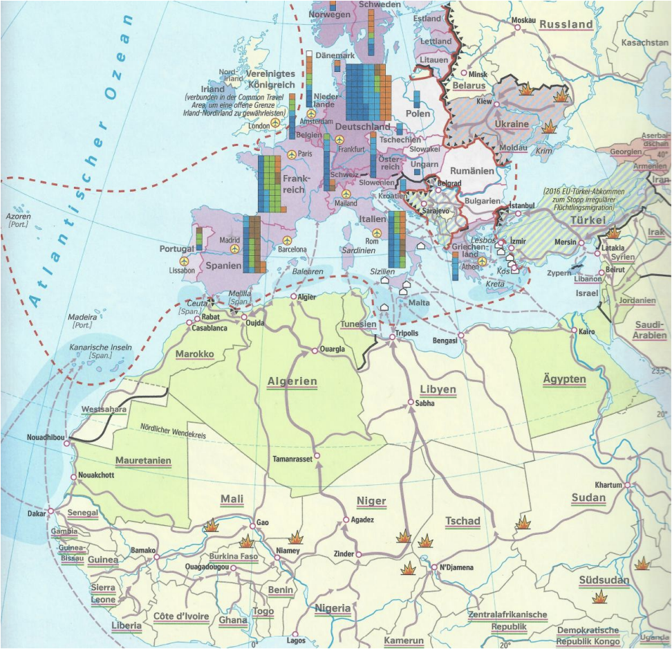 Karte Europas und Nordafrikas mit Fluchtrouten und Grenzverläufen.